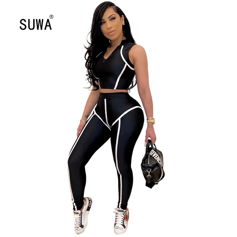 

Женский летний костюм для фитнеса и йоги, комплект из двух предметов в полоску сбоку, укороченный топ без рукавов и штаны для бега с высокой ...