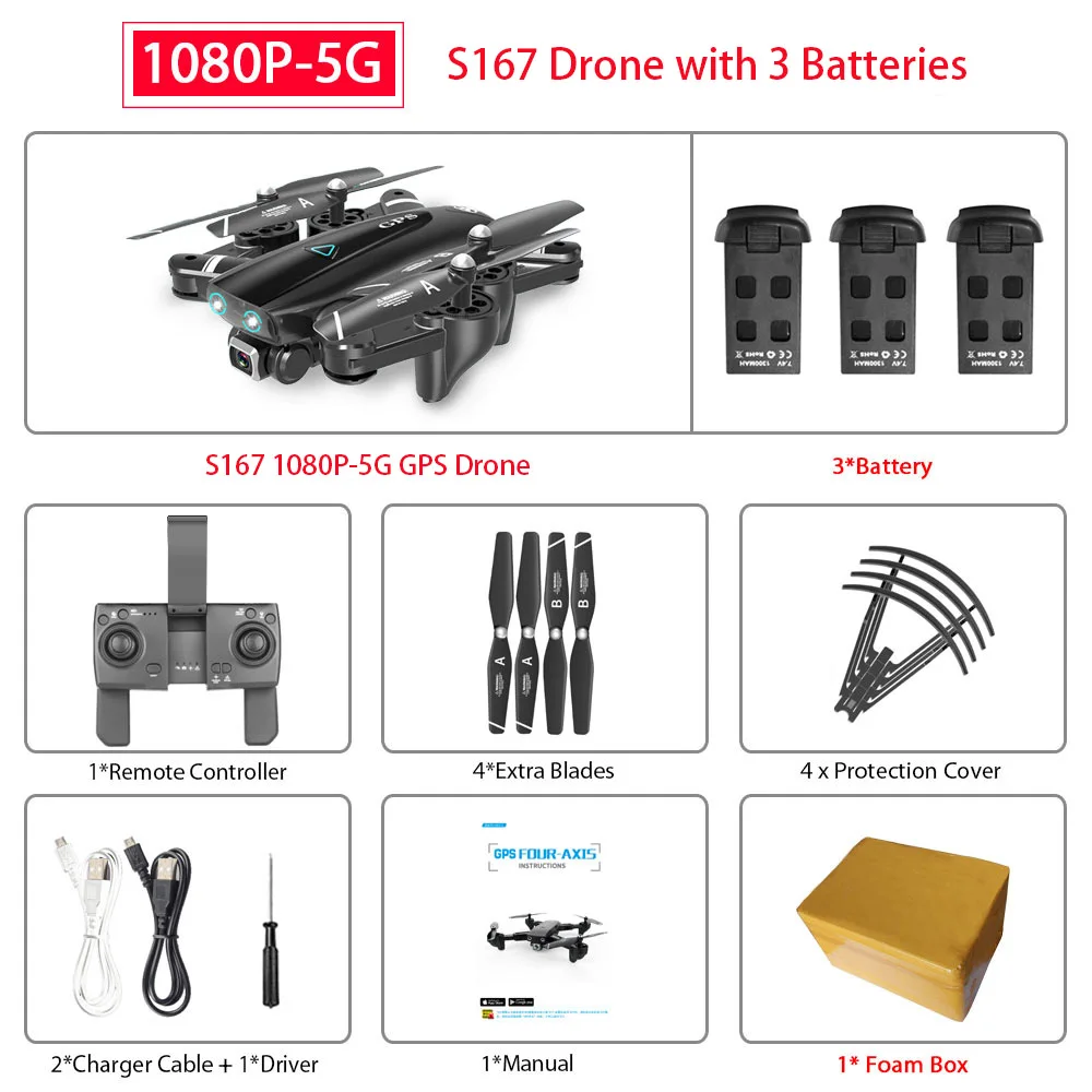 S167 gps Дрон 4K 5G wifi 1080P FPV камера дроны gps следуем за мной высота держать широкоугольный Квадрокоптер с камерой складной Радиоуправляемый Дрон - Цвет: 5G 1080P 3B FB