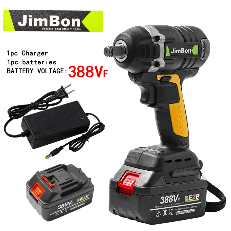 

Jimbon 630N.m 388VF Rechargeable Brushless Cordless Electric Impact Wrench 3in1 Socket Wrench with 2 Li-ion Battery Power Tool