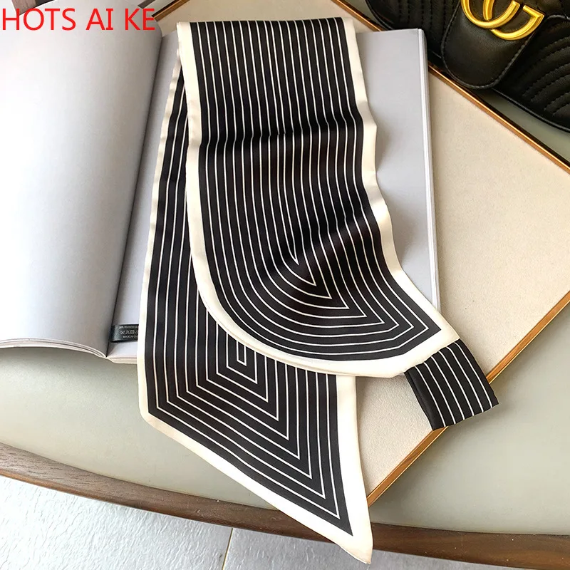 

2021 Small Silk Scarf Women Shawls Wraps Striped Print Office Hair Neck Hijabs Scarves Ladies