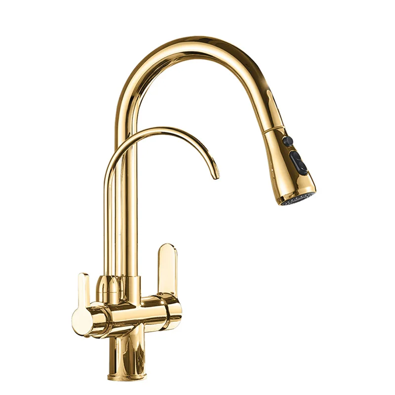 

Deck Mounted Antique Brass Kitchen Faucets Pull Out Hot Cold for Kitchen 3 Ways Sink Mixer Kitchen Faucet Water Filter Tap HGR24