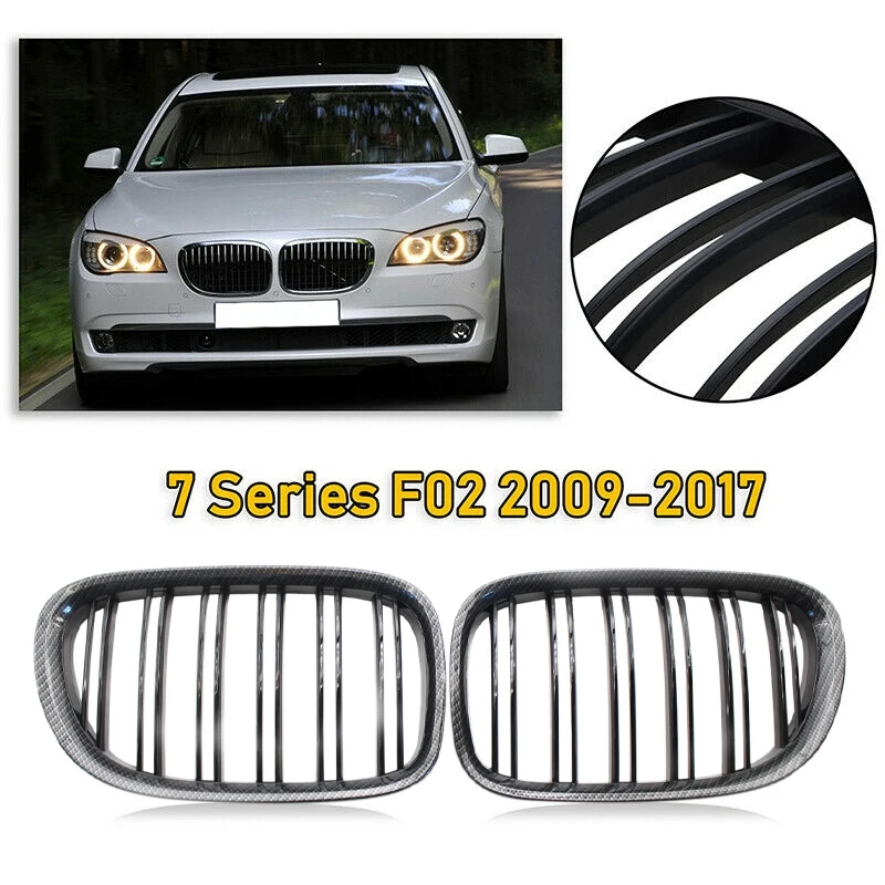 

NEW-2X Glossy Black Carbon Fiber Front Kidney Grille Double Line Hood Grills For-BMW F02 F01 730 740 750 760 745LI 2009-2017
