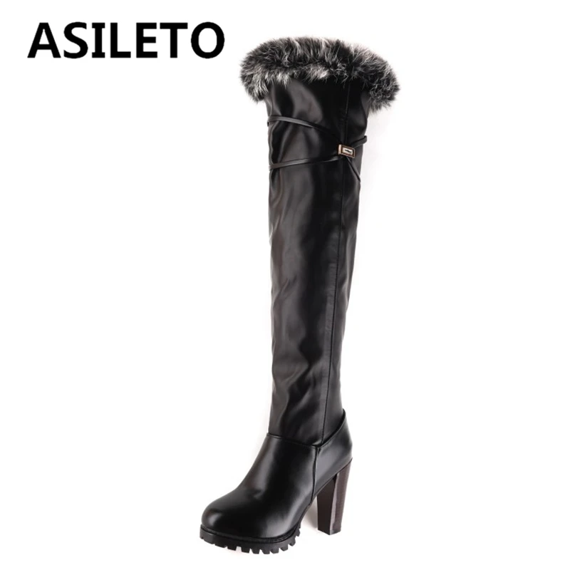 

ASILETO Zapatos mujer Woman's New Over Knee Boots Round Toe Chunky Heels Zipper Solid Large Size 33-45 Sequined Winter Fur S2674