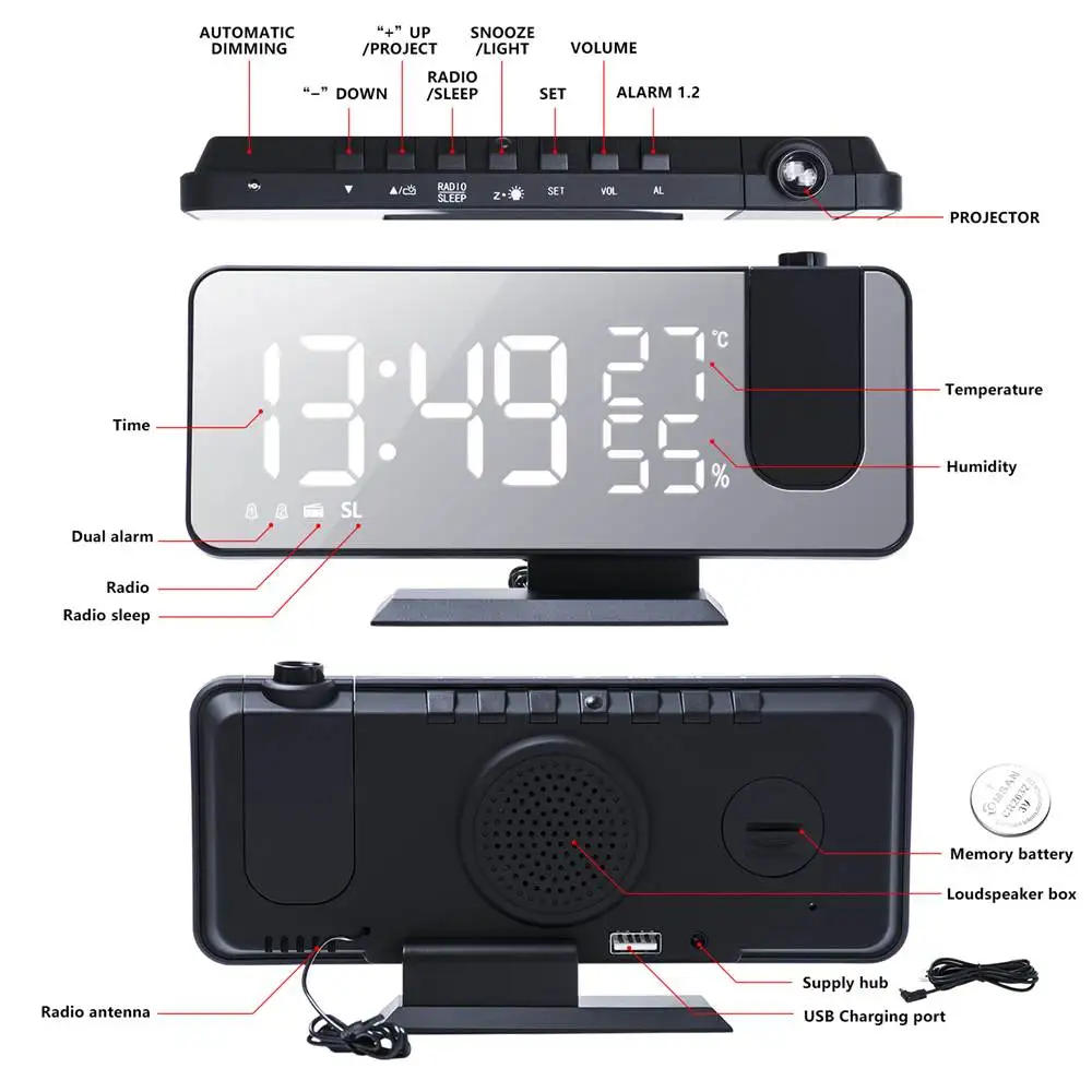 

LED Digital Alarm Clock Wake up FM Radio Time Projector Snooze Function 3 Color Watch Table Electronic Desktop Clocks USB