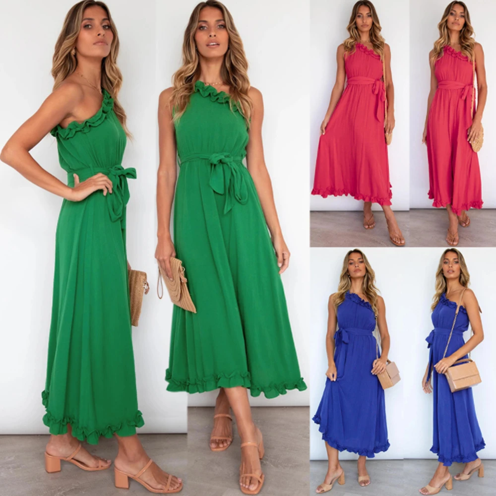

Elegant Sloping Shoulder Ruffled V-neck Robe Party Maxi Dress Spaghetti Strap Casual Vestidos Mujer Temperament Simple Dress
