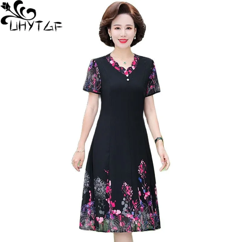 

UHYTGF Fashion Women Summer Dress 2022 Print Short Sleeve Pullover Casual 5XL Big Size Dresses Elegant Mom Thin Chiffon Dress 10