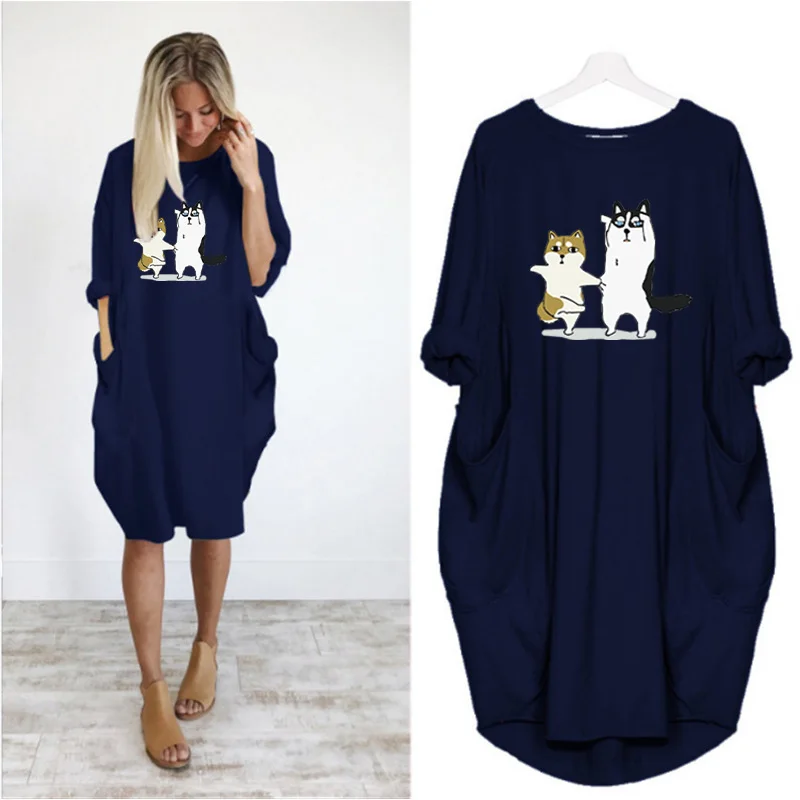 

Kawaii Long Sleeve Plus Size 5Xl Women Midi Dresses Cartoon Dog Print Loose o Neck Vintage Party Club Vestido Robes Sukienka