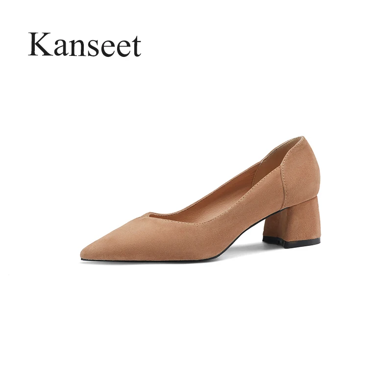 

Kanseet New Arrival Female Shoes 2021 Spring Autumn Concise Kid Suede Handmade High Quality Pointed Toe Shallow Mid Heels Pumps