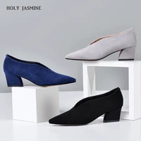 genuine leather pumps women pointed toe footwear shallow office shoes female fashion chunky heels 5 inch woman spring 2020 new