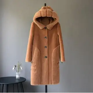 Кораллово-Красный Длинное женское пальто из композитного меха с овечьей шерстью, Шерстяная кепка, толстая теплая куртка из овечьей шерсти с капюшоном, большие размеры, ksr700 - Цвет: Кораллово-Красный