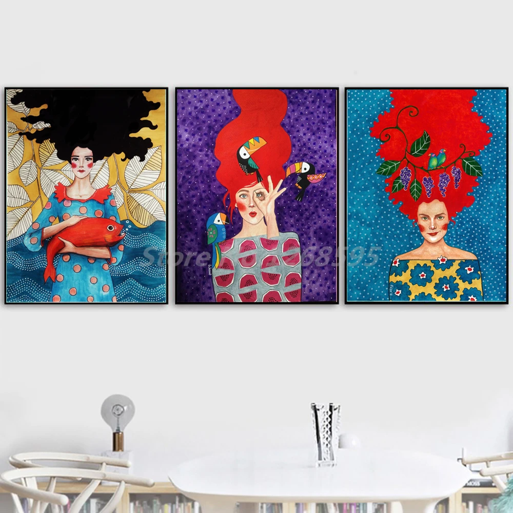 Черный волос женщин с красным цветком постер Винтаж абстрактные девушки картины