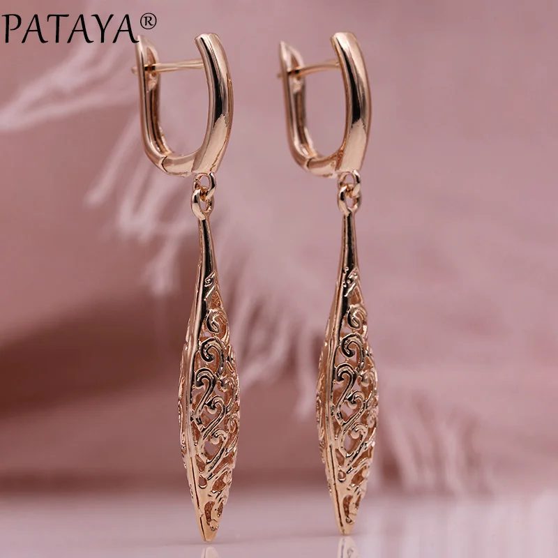 PATAYA New Unique Long Earrings Women Wedding Fine Cute Fashion Jewelry 585 Rose Gold Hollow Carving Vintage Tip Dangle Earrings