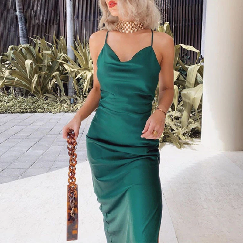 Прямая поставка однотонное атласное платье комбинация с разрезом коллекция 2019