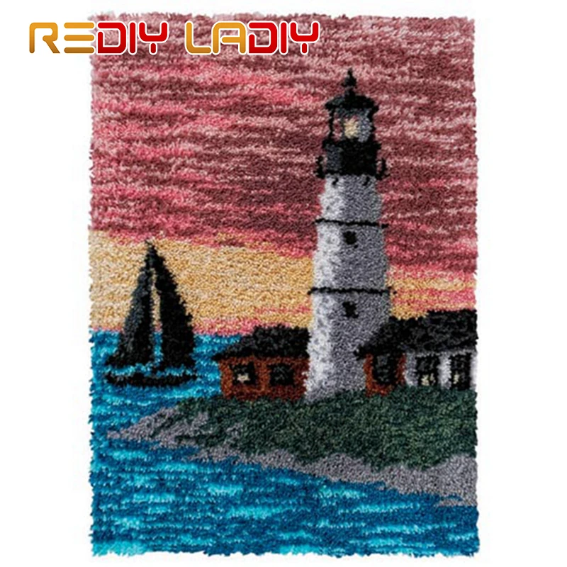 

Latch Hook Rug Crochet Floor Mat Coast Lighthouse Tapestry Kits Acrylic Yarn Printed Canvas Cushion DIY Carpet Rug Arts & Crafts