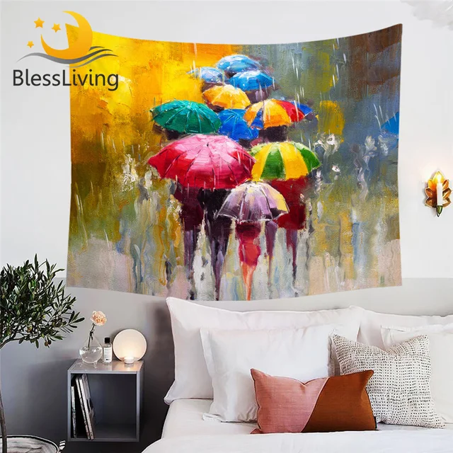BlessLiving Colored Umbrella Tapestry Rainy Day Wall Hanging Oil Printed Wall Carpet Home Art Decor 150x200cm tapiz Dropshipping 1