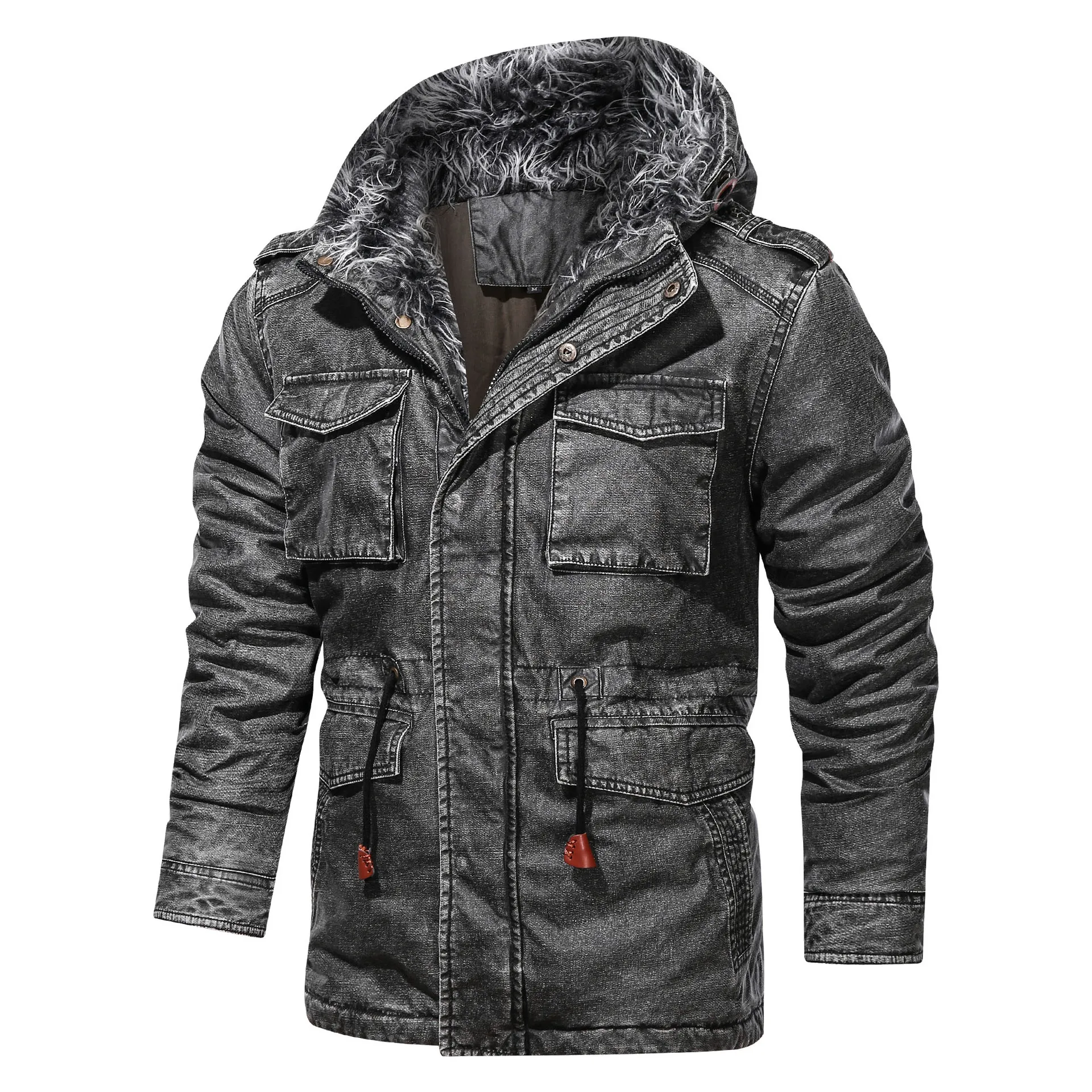 2021 Ouma men's casual multi-pocket big fur collar personality tooling retro mid-length cotton jacket men's trend