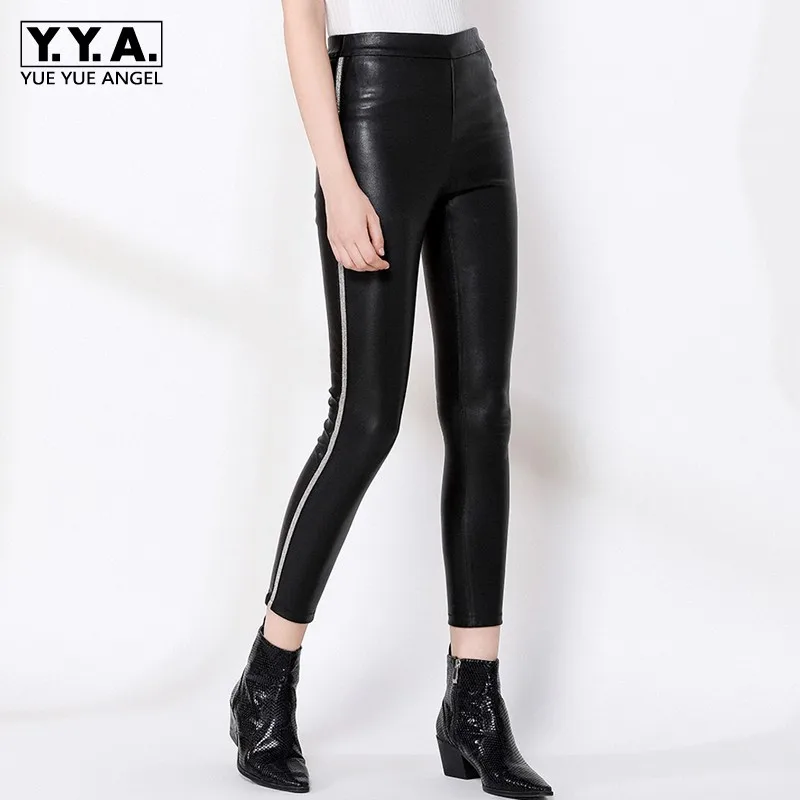 

Streetwear Elastic Sheepskin Pants Women Elastic Waist Natural Leather Skinny Pencil Pants Rhinestone Office Lady Casual Trouser