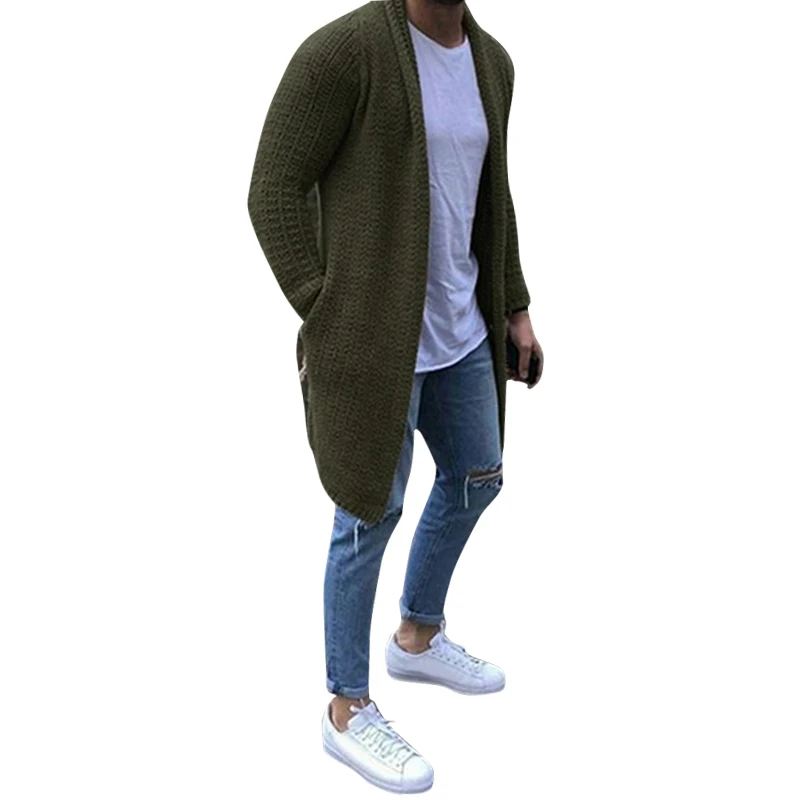 Мужской шерстяной кардиган теплый плотный однотонный модный длинный свитер с