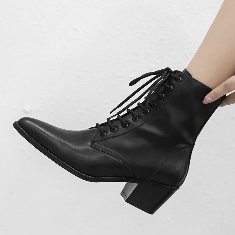 

Leather Woman Short Boots Sharp Coarse heel Chalaza Woman Boots High heel Genuine Short All-match Boots