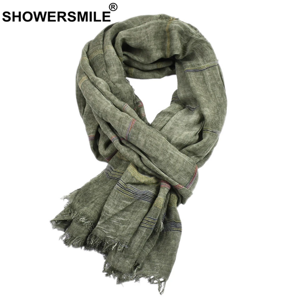 SHOWERSMILE зеленый хлопковый льняной мужской шарф осень зима аксессуары для мужчин теплый длинный модный брендовый мужской шарф Bufanda