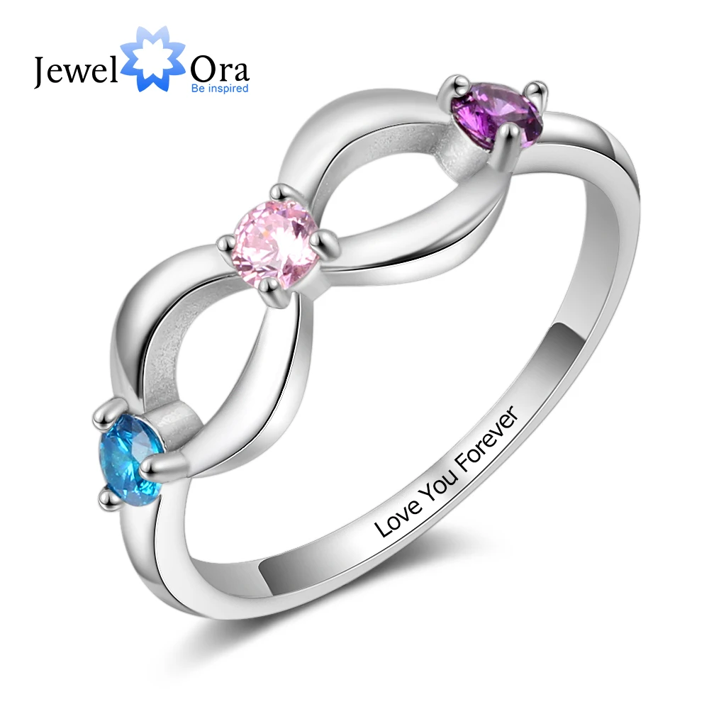 

JewelOra 925 Sterling Silver Personalized Infinity Ring with 3 Birthstones Customized Inner Engraving Silver Rings for Women