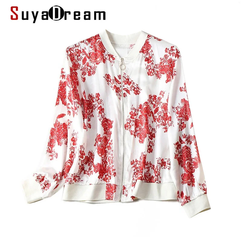 

SuyaDream Women Silk Jackets 95%Silk 5%Spandex Zipper White Printed Stand Collar Jacket 2022 Spring Autumn Sweatshirts