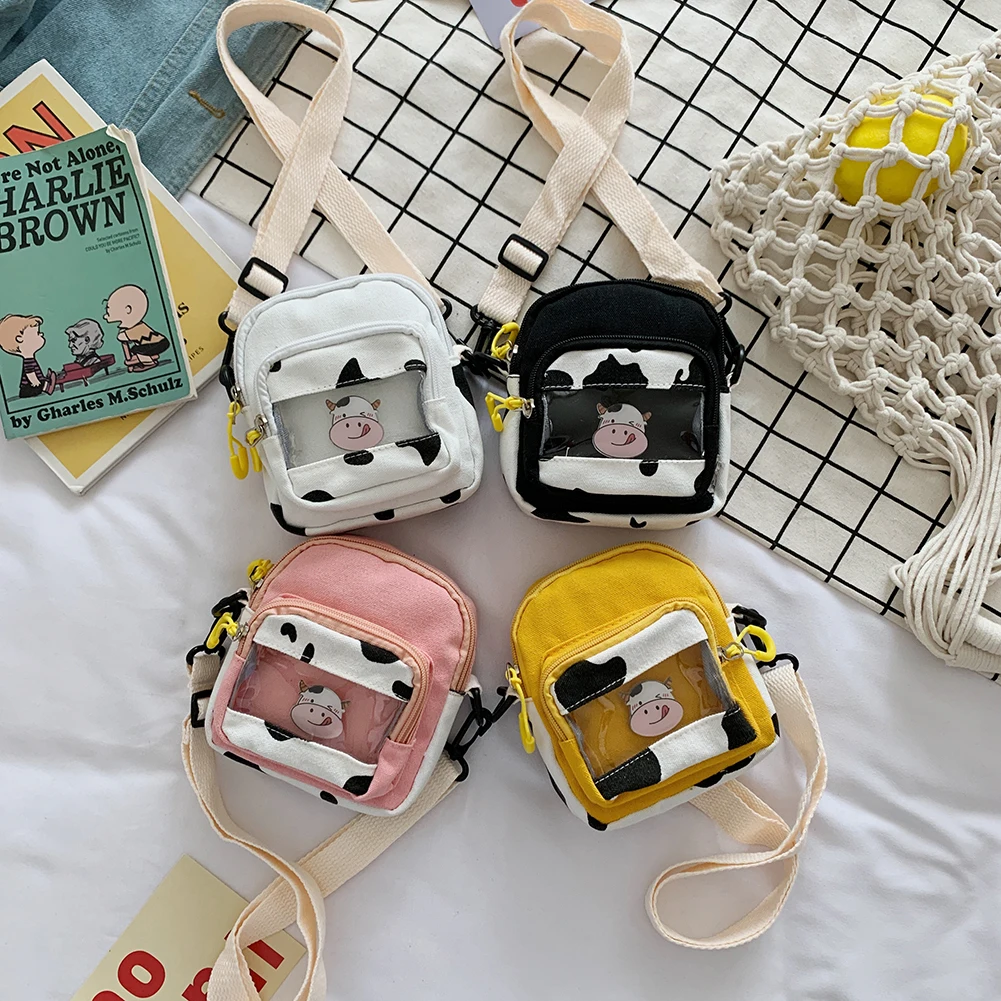 

Simple Women Stitching Canvas Shoulder Bags Small Transparent Zipper Shopping Crossbody Bag Cow Pattern Messenger Bags