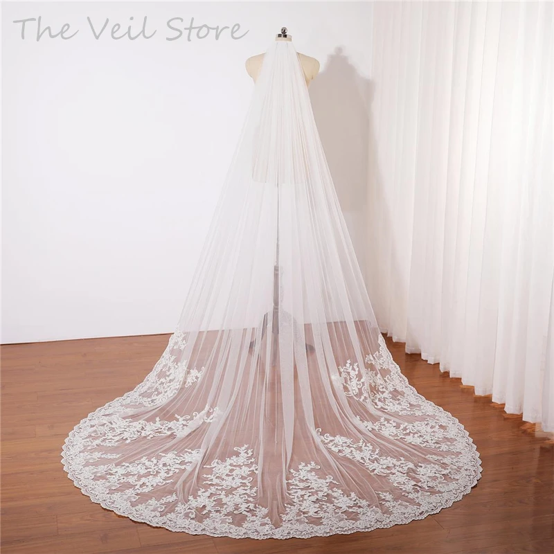

3 Metres Lace Ivory Bridal Veils Appliques White Tulle Wedding Veil with Comb Cathedral Long One Layer for Brides 3m 1 T New