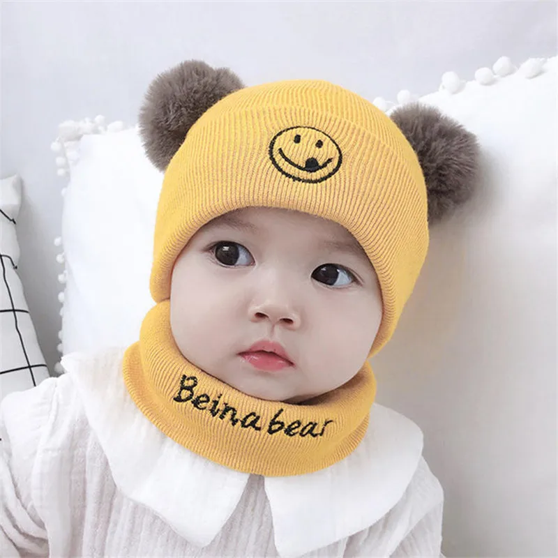 

Newborn Toddlers Pompom Beanie Snood Kit Baby Kids Winter Hat and Scarf Set Boy Girl Knit Neck Warmer Infant Cute Smile Skullies