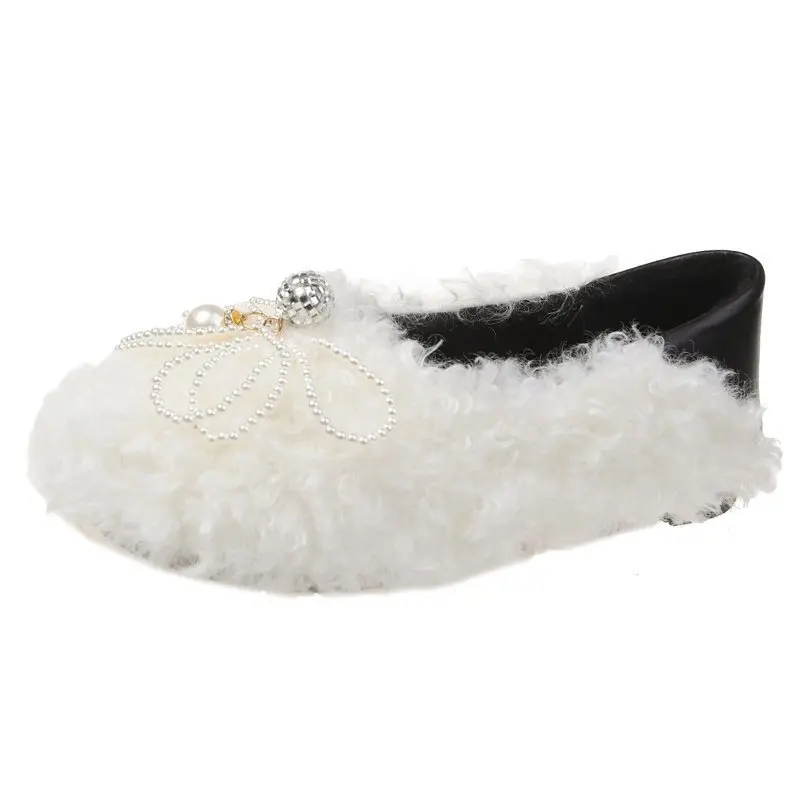 

Women Shoes Autumn Bow-Knot Pearl Decorateion Crystal Round Toe Casual Female Sneakers Flats Modis Loafers Fur Fall Butterfly Mo