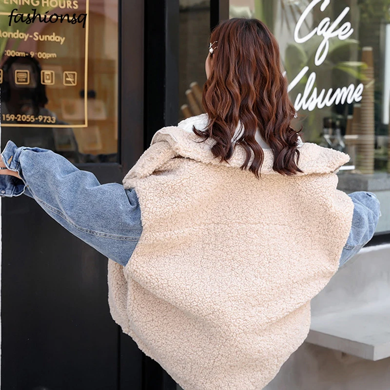 

Couple Casual Lambswool Patchwork Denim Jacket For Women Lapel Long Sleeve Tops Female Fashion New Clothing Autumn Winter Coat