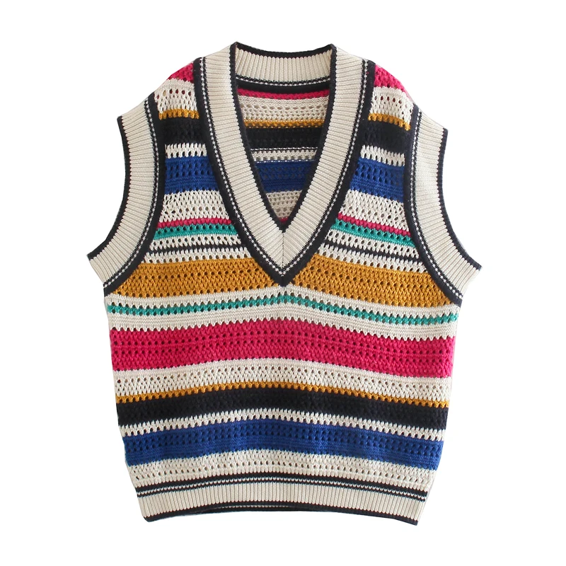 

Sweaters For Women Fashion 2021 Contrast Color Striped Oversize Knitted Sweater Vest V Neck Sleeveless Casual Pullover Sweater