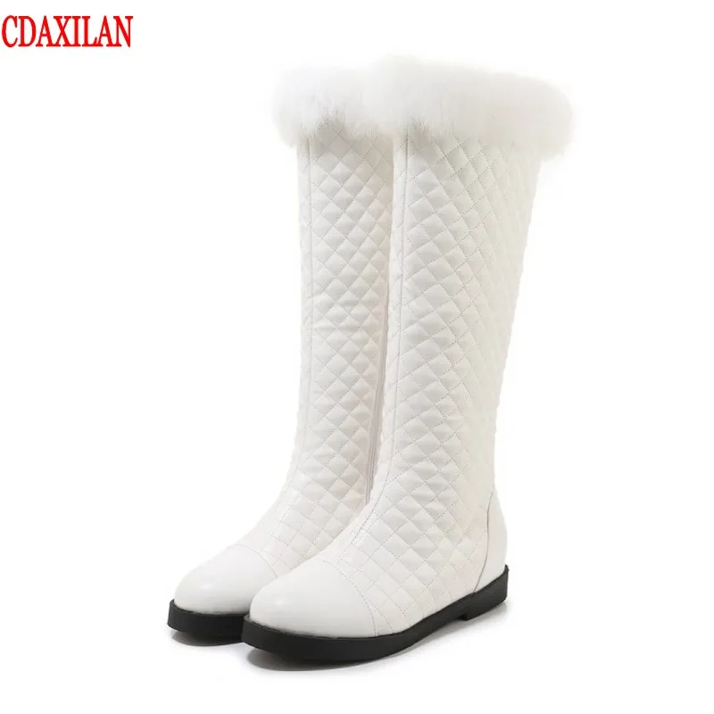 

CDAXILAN new to women snow boots soft PU leather rabbit hair warm legs side zipper keen-high boots increased with autumn winter