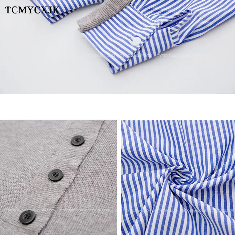 

Autumn Shirt Stitching Knitted Cardigan Women New Style College Style Fashion Fake 2-piece Sweater Coat Women V-neck Casual Tops