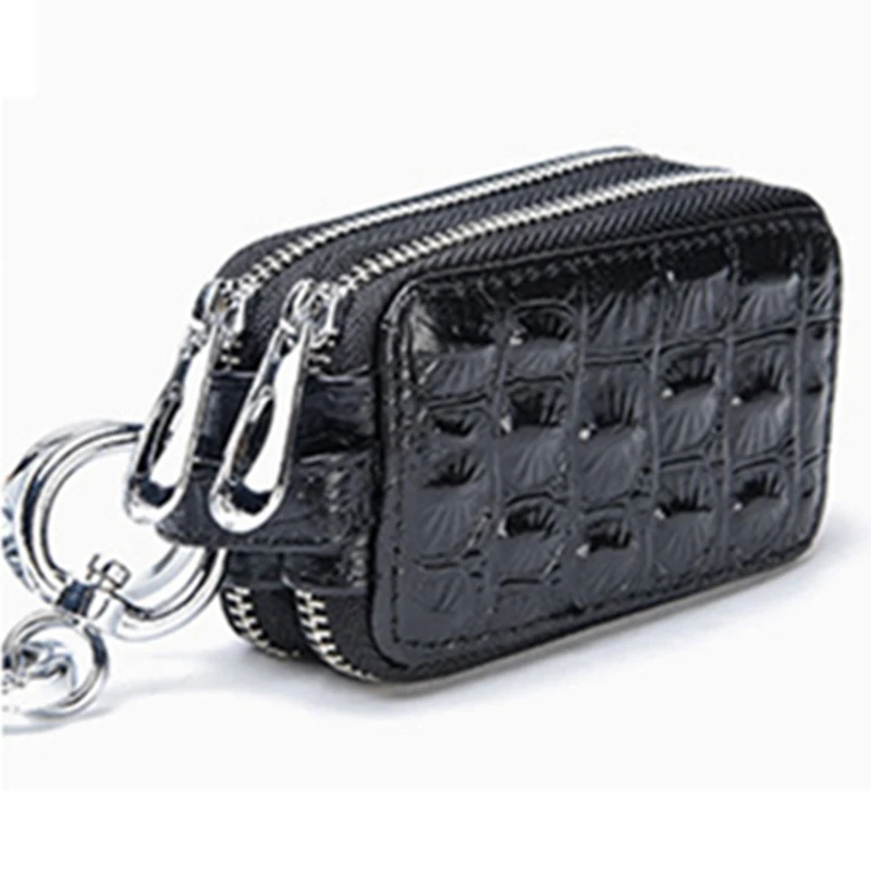 

Hot Sell Double Zipper Keychain Case Deck Crocodile Pattern Car Key Bag Genuine Leather Car Key Wallet Keys Holder Pouch Cover