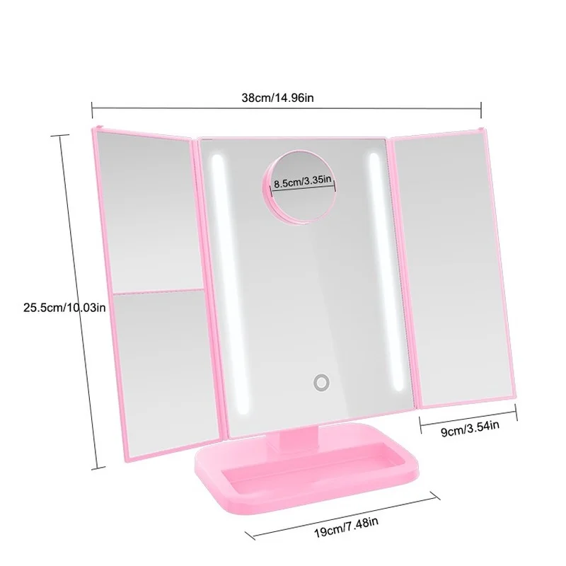 

Tri-Folded Adjustable Light Bar Makeup Mirror Light Touch Screen Makeup Mirror 1X 2X 3X 10X Magnifying Mirrors 4 In 1