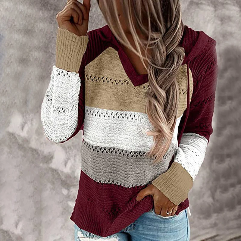 

Fitshinling Bohemian Hooded Jumper Sweaters Pullovers Woman Clothes Patchwork Holiday Autumn Winter Pull Vintage Sweater Female
