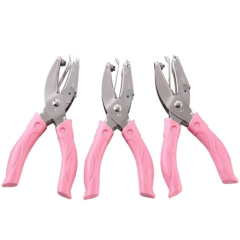 

3Pcs Handheld Metal Single Hole Punch in 3 Different Shapes with Pink Grip for DIY Craft Office Grip