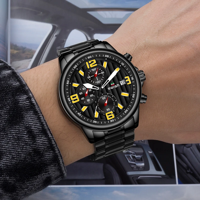 Мужские наручные часы с хронографом брендовые Роскошные деловые SWISH календарем