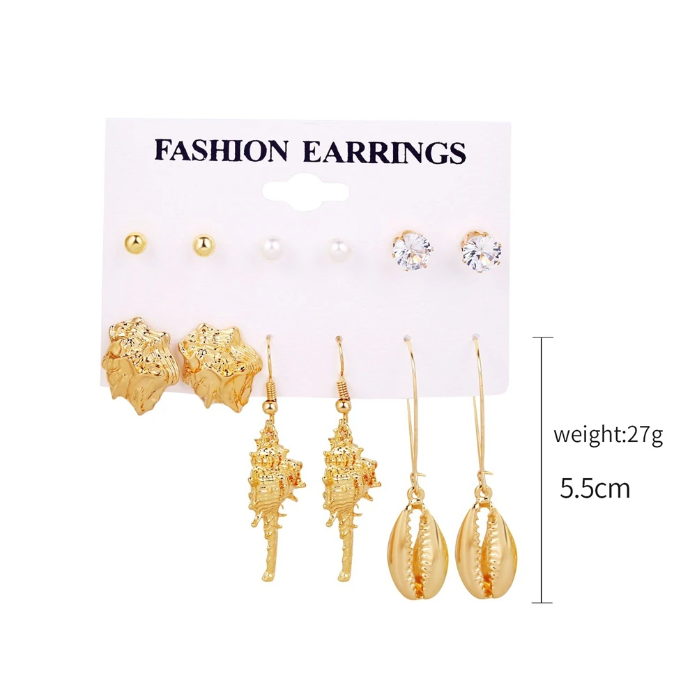 

2020 New 6 pairs/set golden long Conch Pendant Earrings Set Rhinestone imitation Pearl Earrings For Women Gift