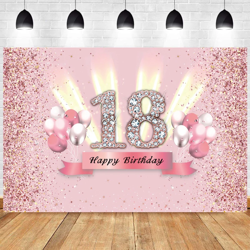 

Sweet Pink 18th Photo Backdrop Boys Girls Happy Birthday Party Balloon Light Dot Photography Background Banner Photocall Prop