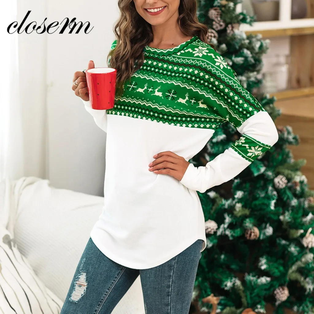 Свитер 2019Top Женская рождественская блуза с длинным рукавом и заплатками