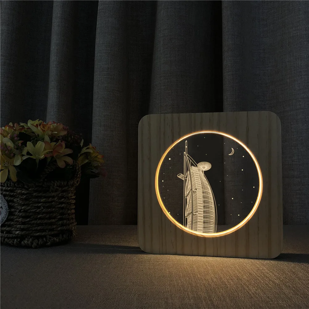 Араб ал сборка 3D светодиодный акриловый деревянный ночной Светильник Настольный