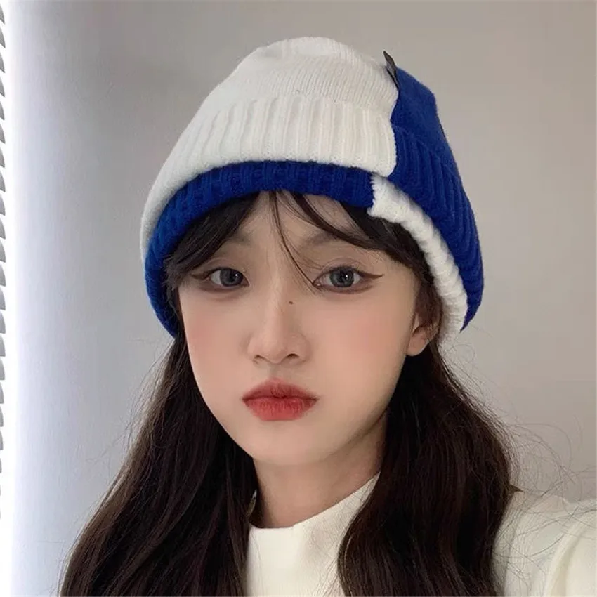 Klein Blue Knitted Hat for Women Winter Warm Without Eaves Patches Hat Fashion High Quality Elastic Japanese Style