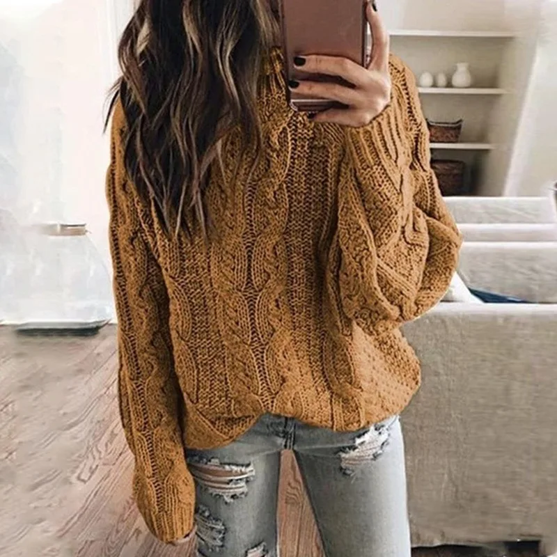 Женский вязаный свитер с высоким воротником однотонный Свободный пуловер