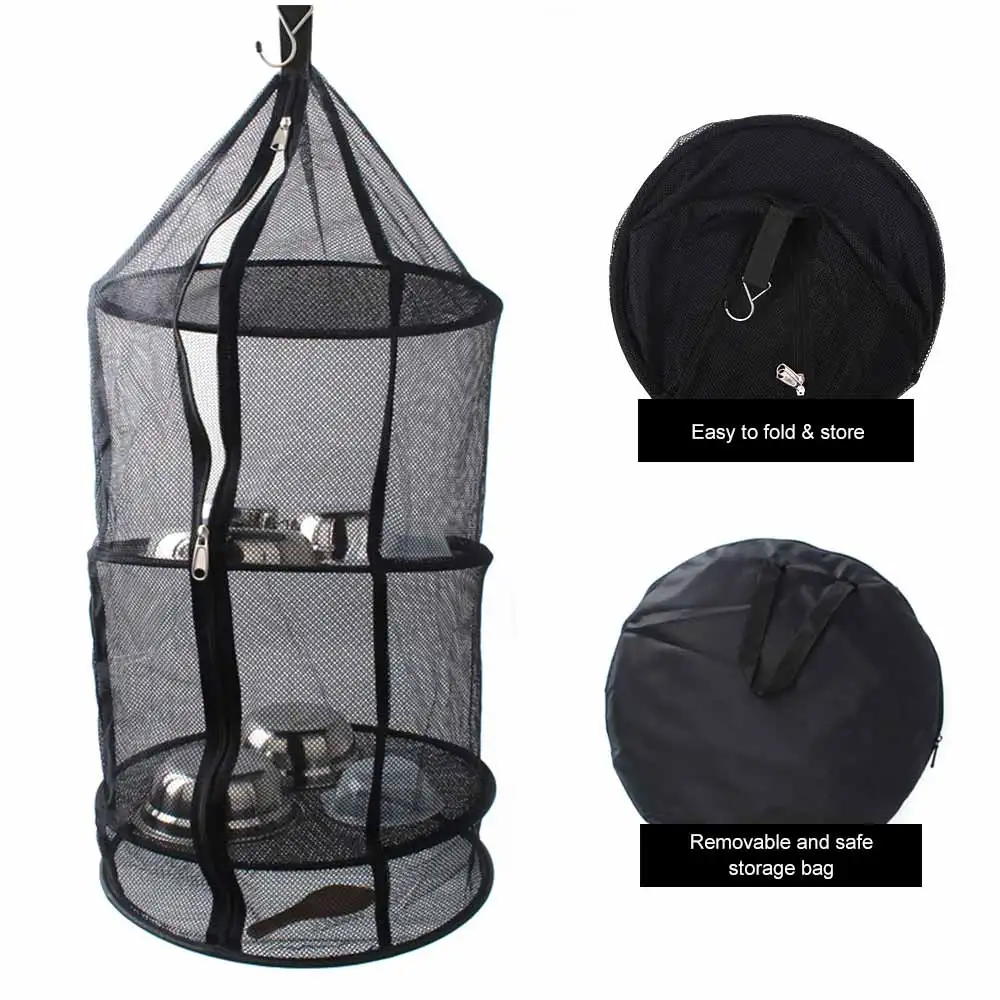 

Outdoor Camping Three-layer Folding Storage Net Pocket Clothes Hanging Nylon Net Circular Airing Net Fruit Vegetable Air-drying