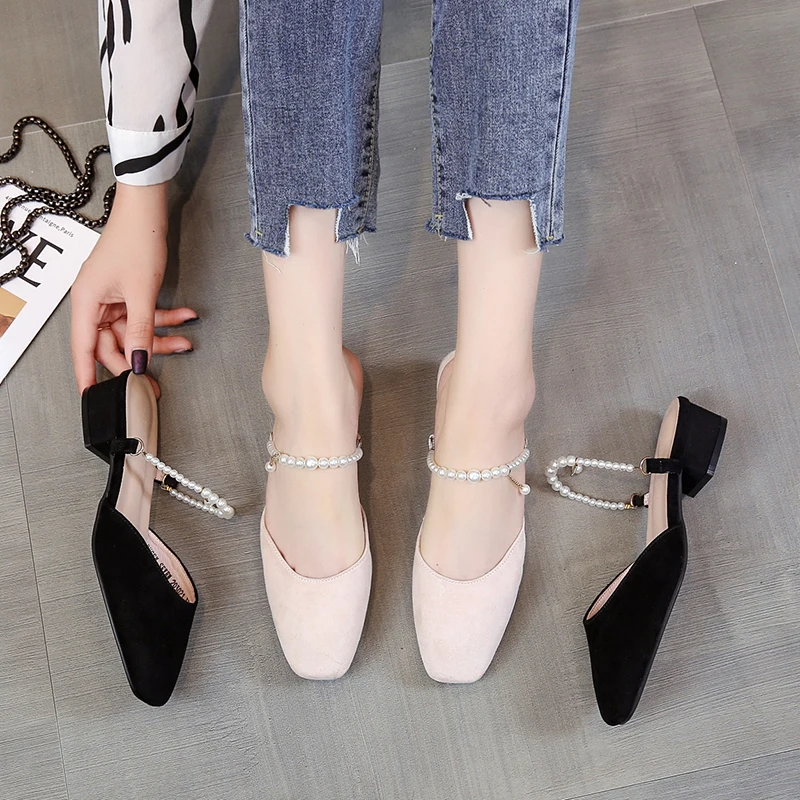 

Med Shallow Slippers Soft High-Heeled Shoes Lady Square heel Cover Toe Slipers Women Flock Loafers String Bead Slides Comfort Bl