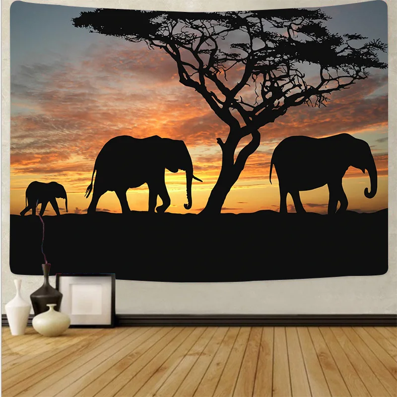 Африканский гобелен пастбища в эстетике Сумерки слон животные Пейзаж Настенный подвесной фон одеяло Декор