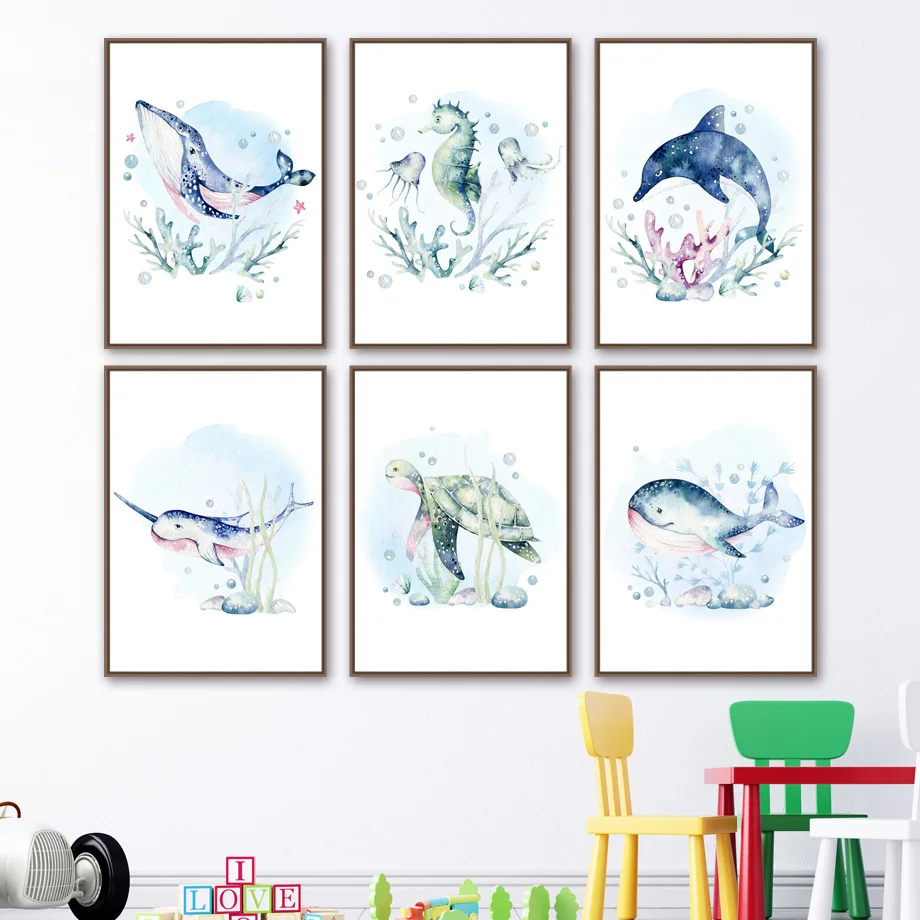 

Marine life Whale shark dolphin turtle Nursery Wall Art Print Canvas Painting Nordic Poster Wall Pictures Baby Kids Room Decor