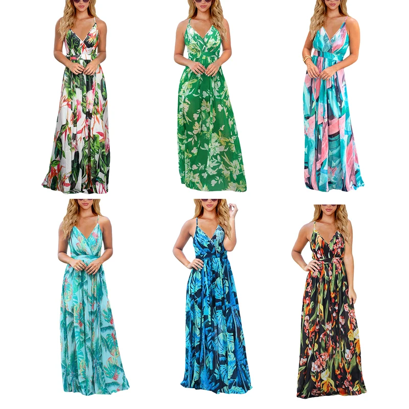 

Женское богемное платье-комбинация на бретелях-спагетти с цветочным принтом и открытой спиной, длинная юбка с бандажом для девочек, 6 цветов...